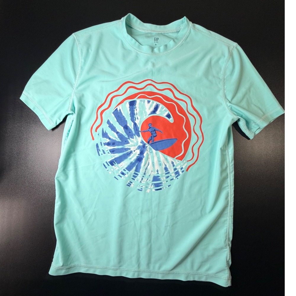 Gap Kids Aqua Blue Surfer Graphic Rash Guard Swim Shirt XL 12-13 K13